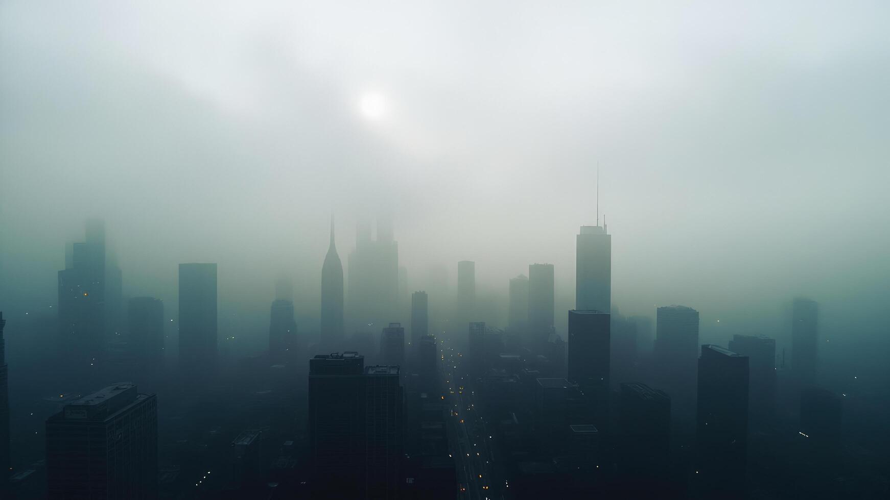 A foggy city skyline with tall buildings in the distance photo
