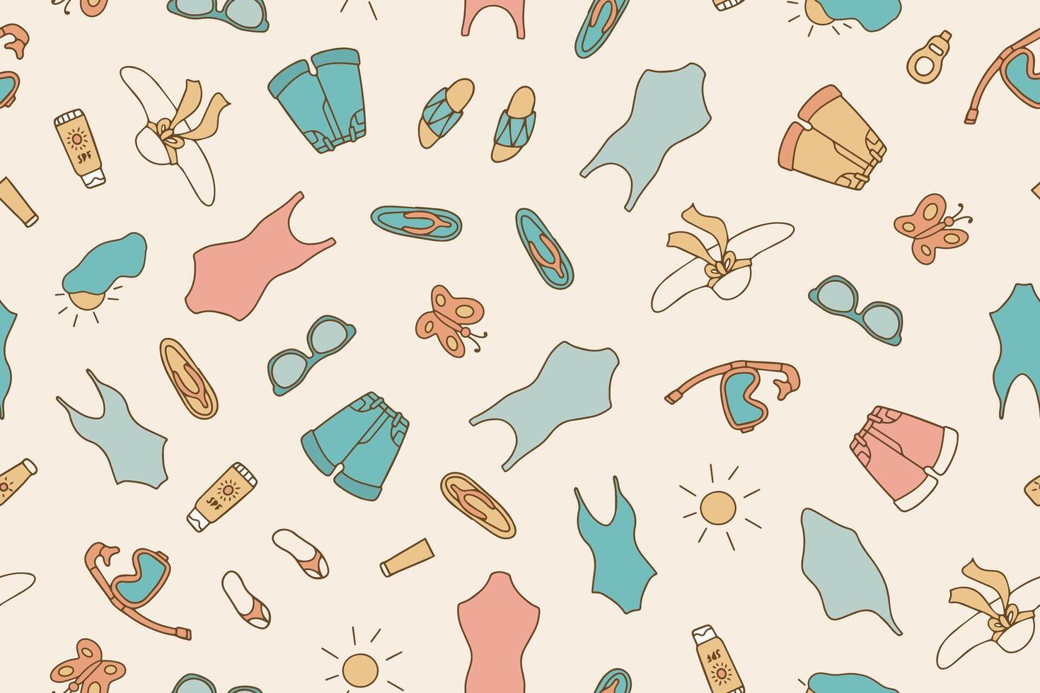Colorful stylish summer seamless pattern of beach clothes and accessories in doodle style. Hand drawn beach holiday items. vector