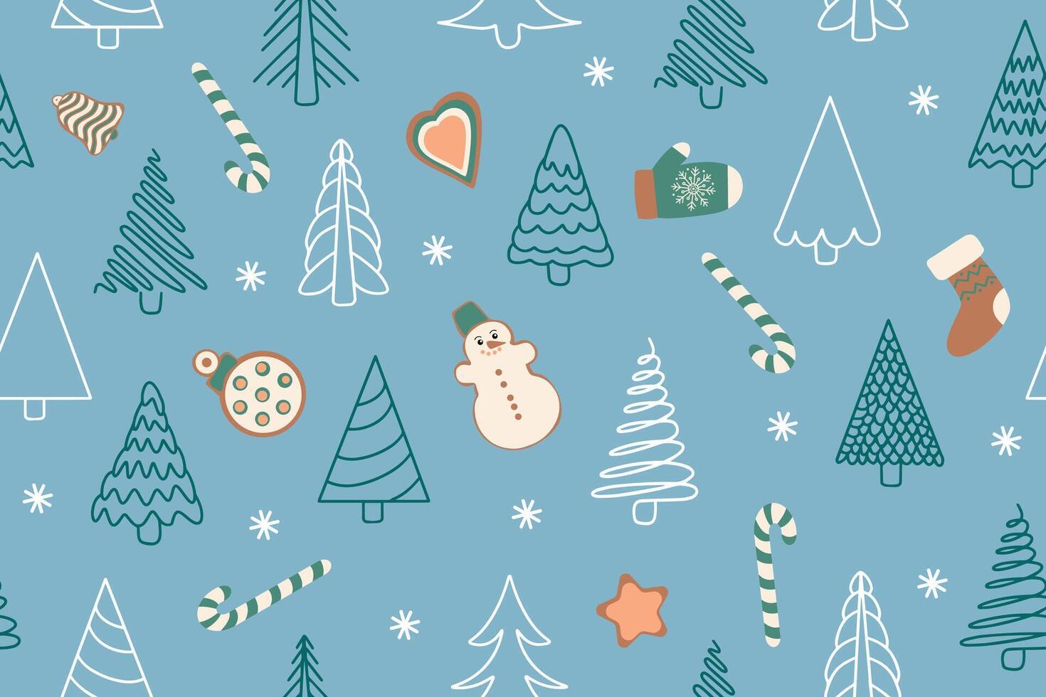 Seamless pattern of Christmas trees and various festive elements in doodle style on blue background. Bright festive background for invitations, wrapping paper, fabric, textile. vector