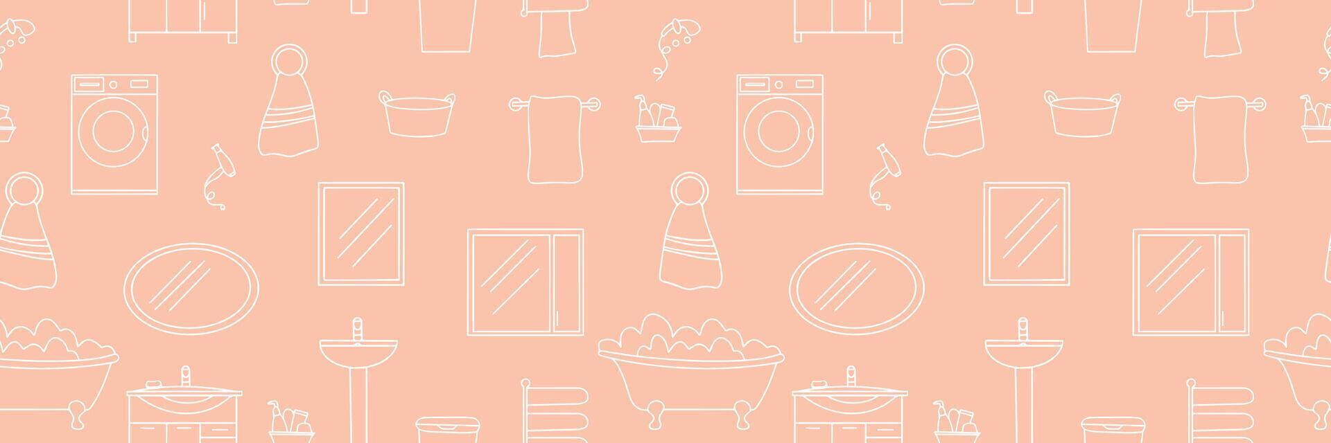 Seamless pattern of bathroom furniture and accessories icons. Bathroom equipment in doodle style on pink background. vector