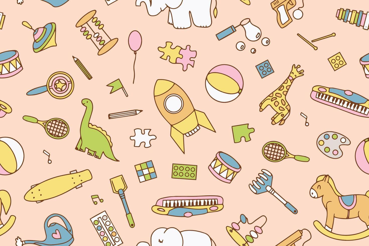 Seamless pattern with bright colorful children's toys in doodle style. Design for wrapping paper, textile, children's clothing, wallpaper, packaging. vector