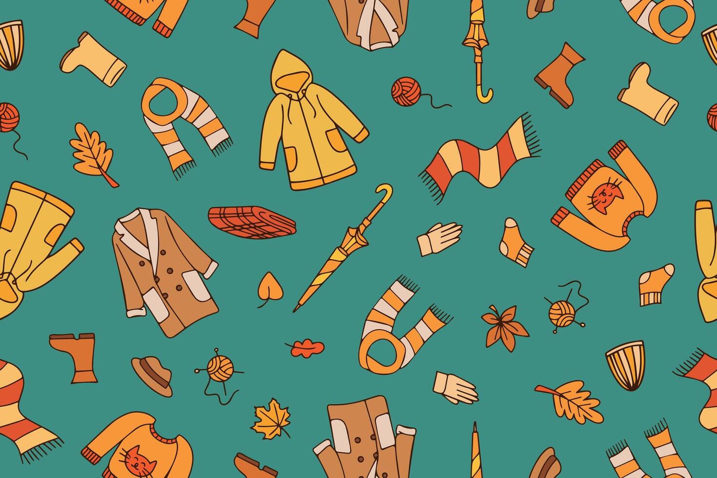 Warm autumn clothes seamless pattern. Knitted sweater, hat, scarf, socks. Cozy bright colorful autumn background in doodle style. vector