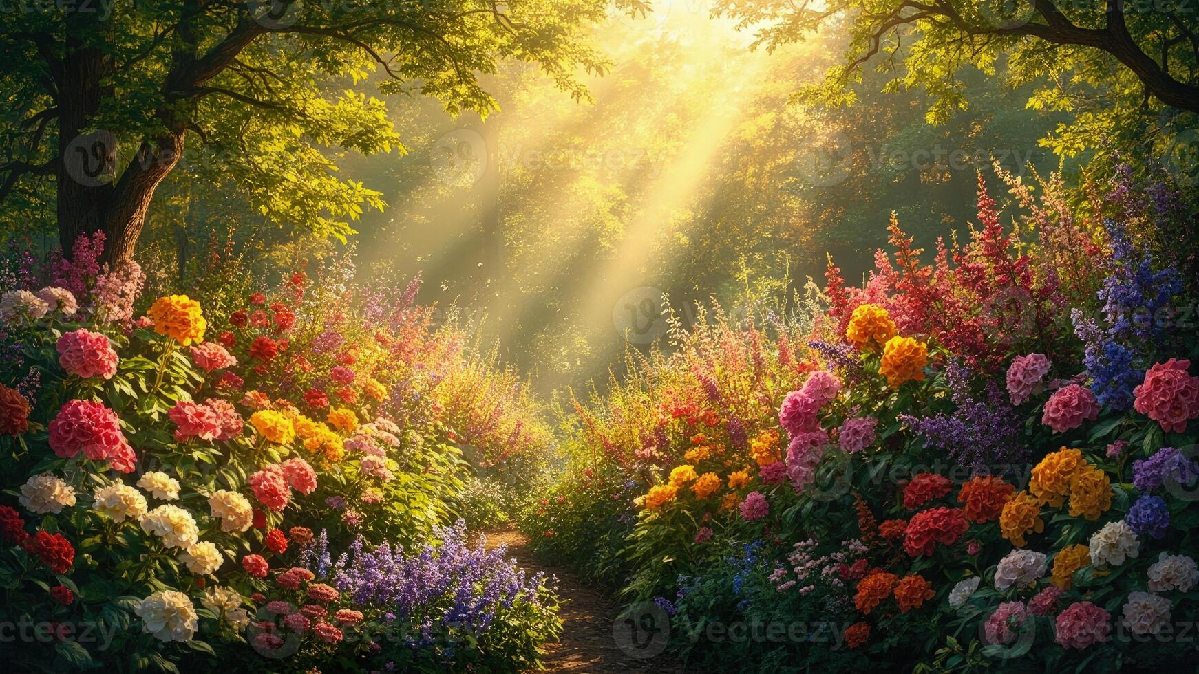 A path through a forest with flowers and sunbeams photo