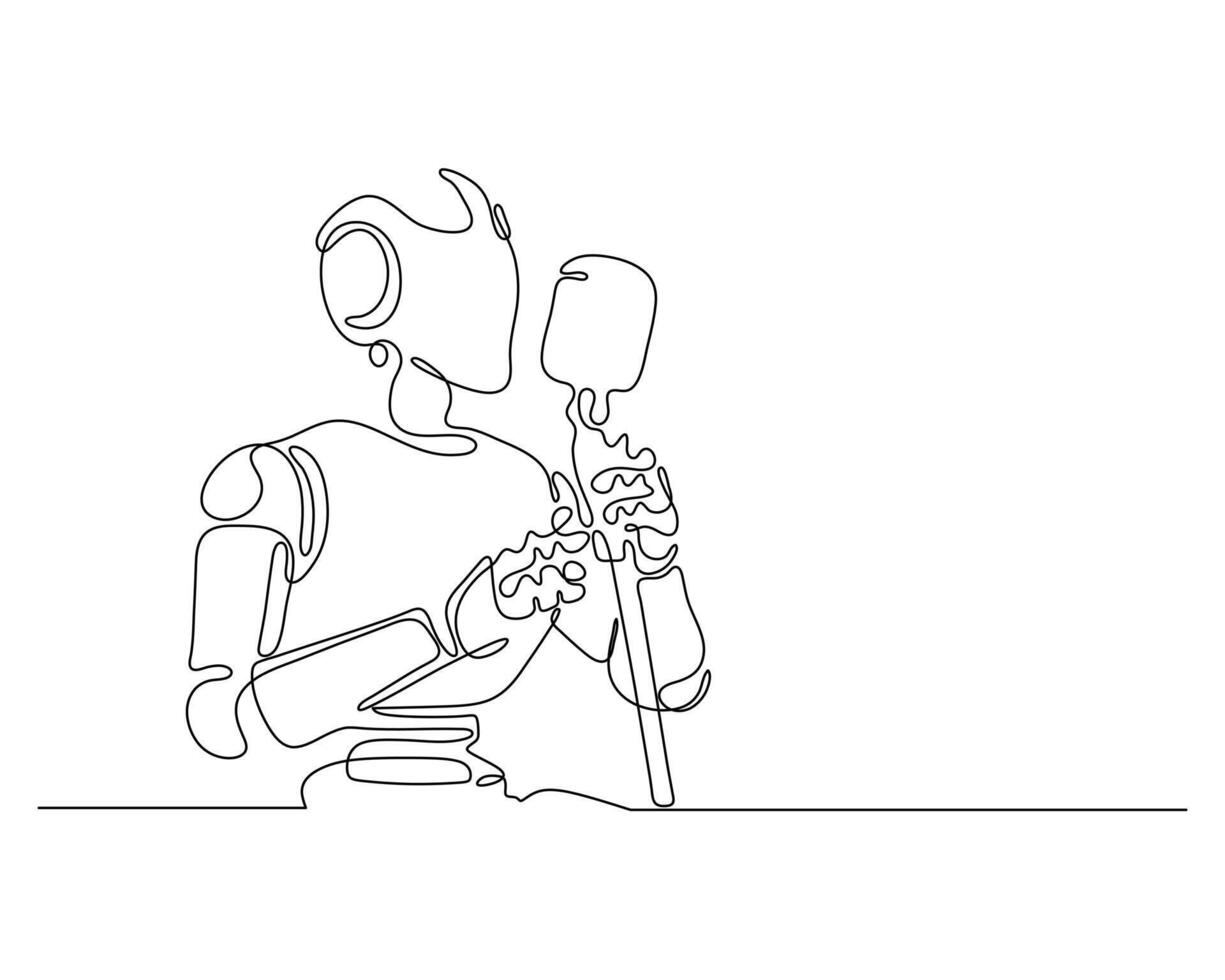 Minimalist one line drawing of a robot passionately singing into a microphone. Futuristic music and technology art concept. Simple, modern, creative illustration. vector