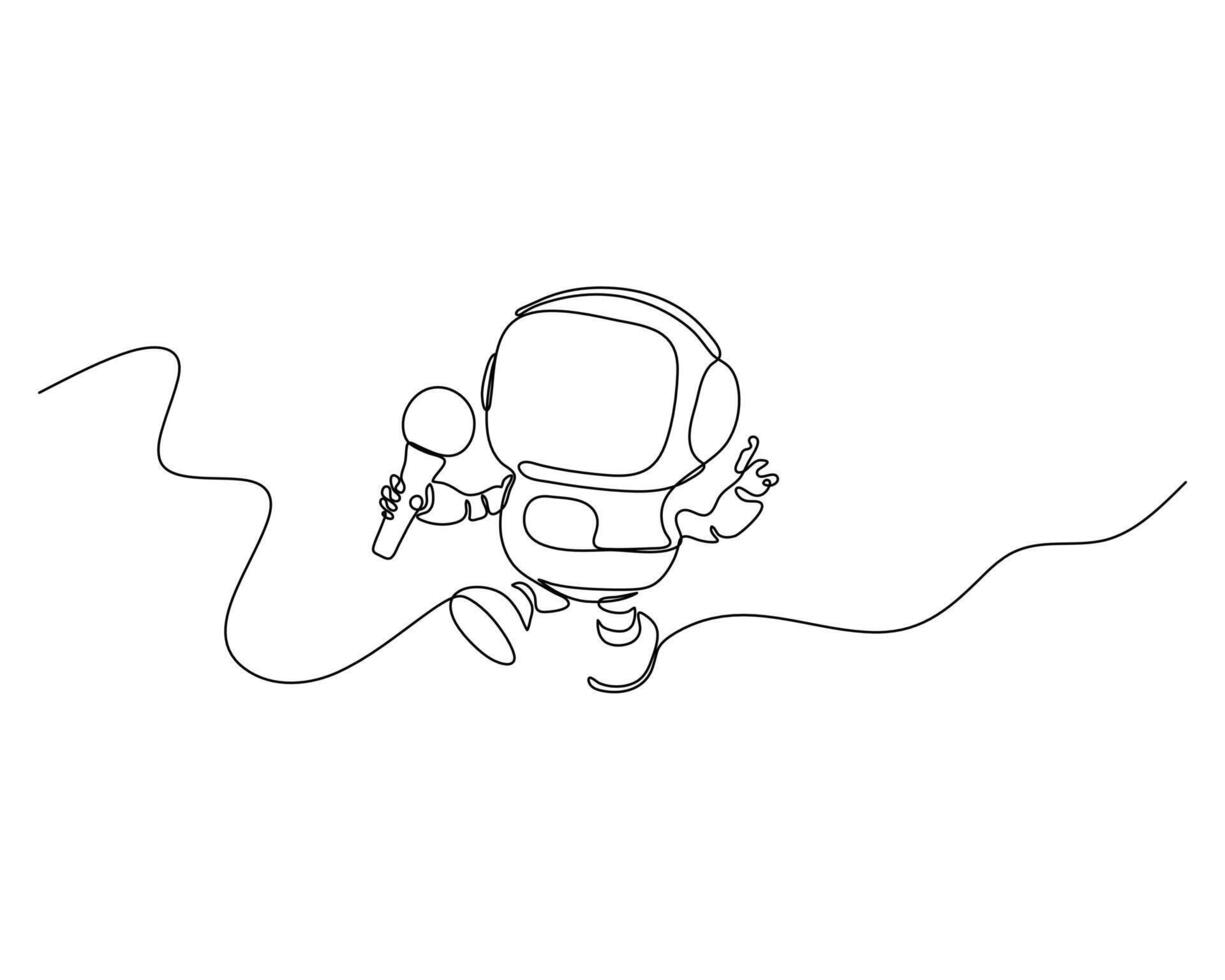 One line drawing of a small robot singing into a wired microphone, floating or performing, minimalistic cartoon style for technology, kids, and music concepts. vector