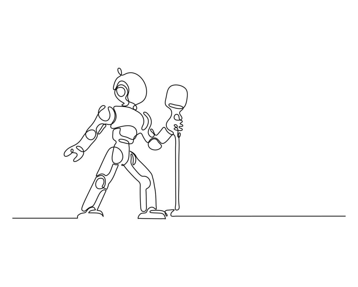 Minimalist one line drawing of a robot singing into a microphone. Futuristic music performance concept. Simple, creative, modern digital art. vector