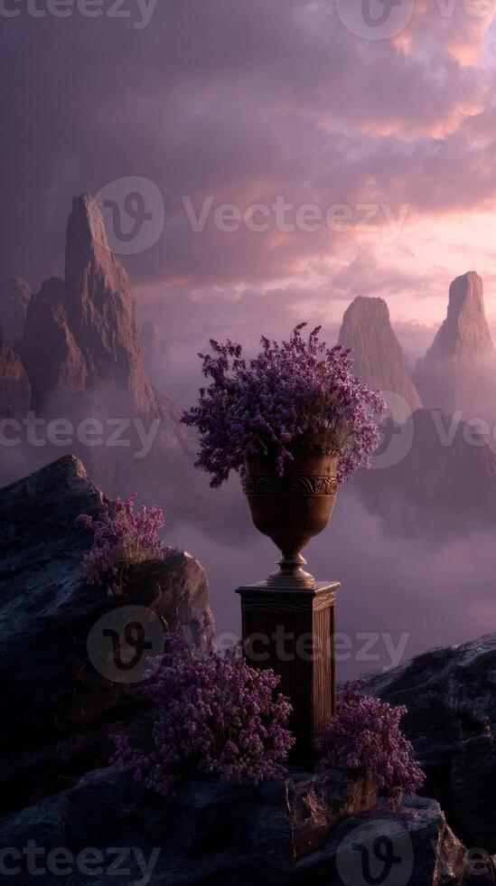 Lavender flowers in vase atop rocky mountain at sunset, digital art scene photo