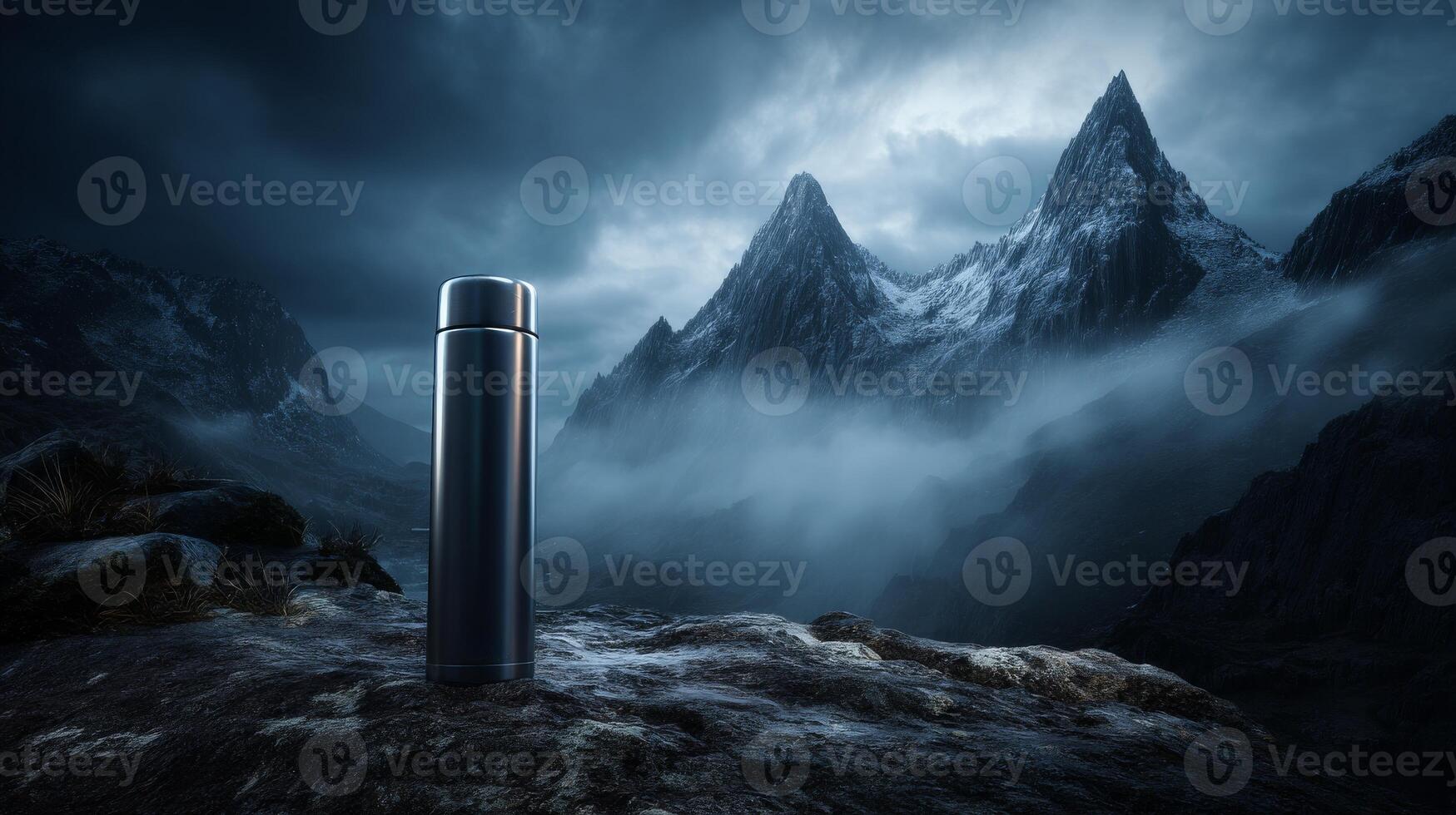 Thermos flask on rocky landscape with fog and snow-covered mountains photo