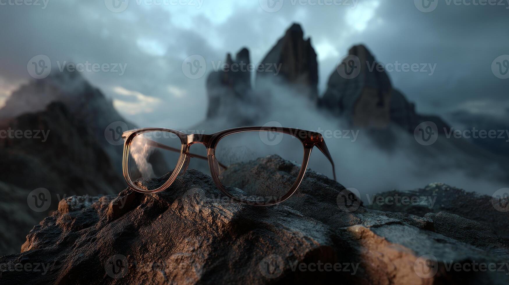 Glasses on rocky mountain with mist and dramatic sky, concept of vision clarity photo