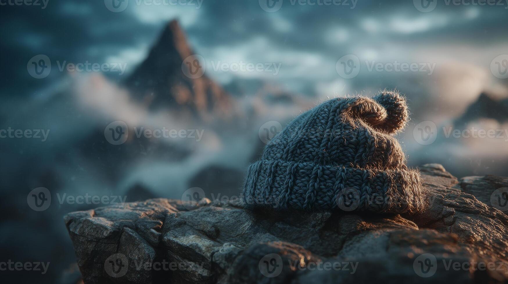 Knit beanie on rocky mountain peak with misty landscape at sunset, serene mood photo