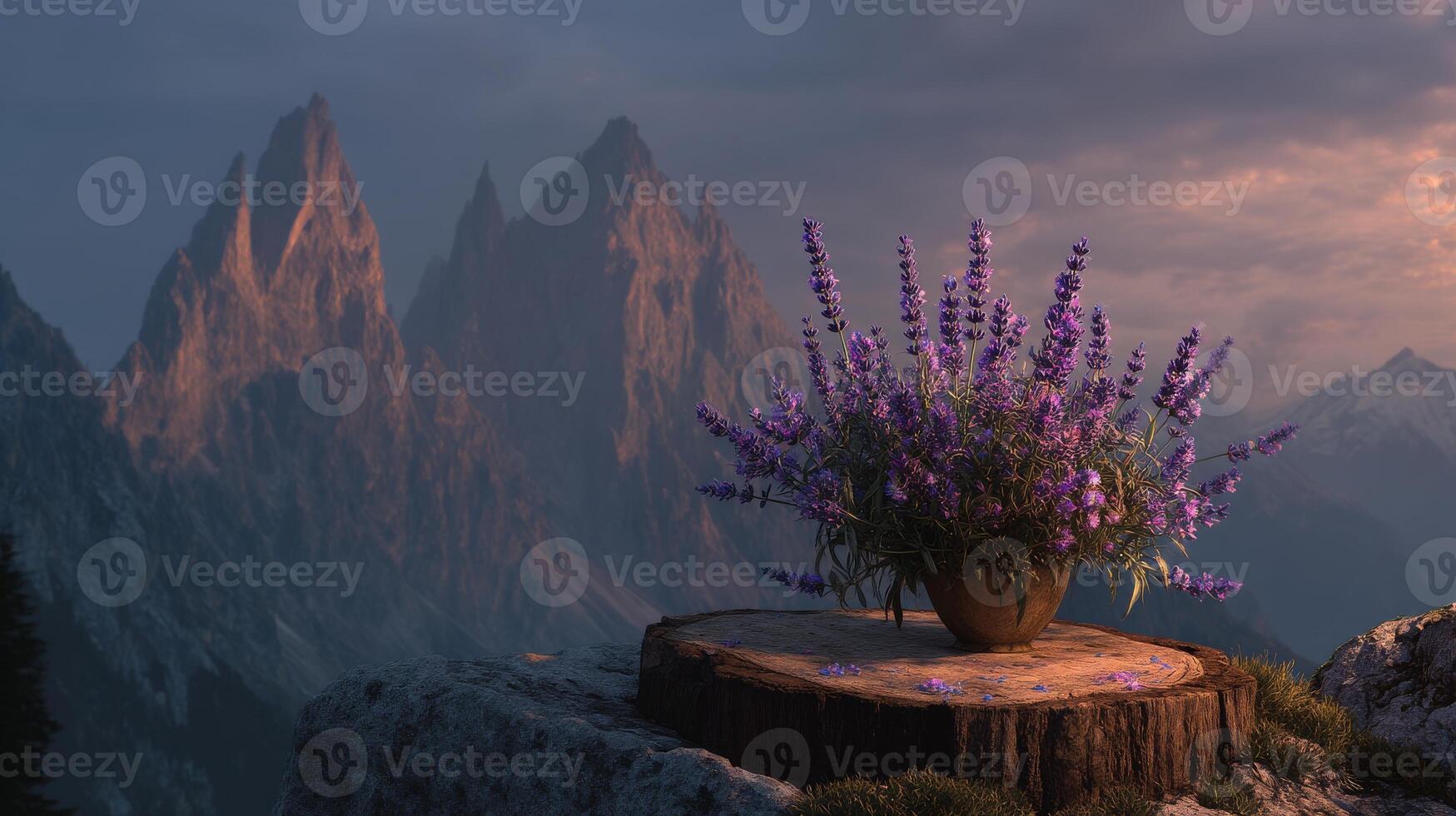 Lavender flowers in a pot on a mountain ledge at sunset with distant peaks photo