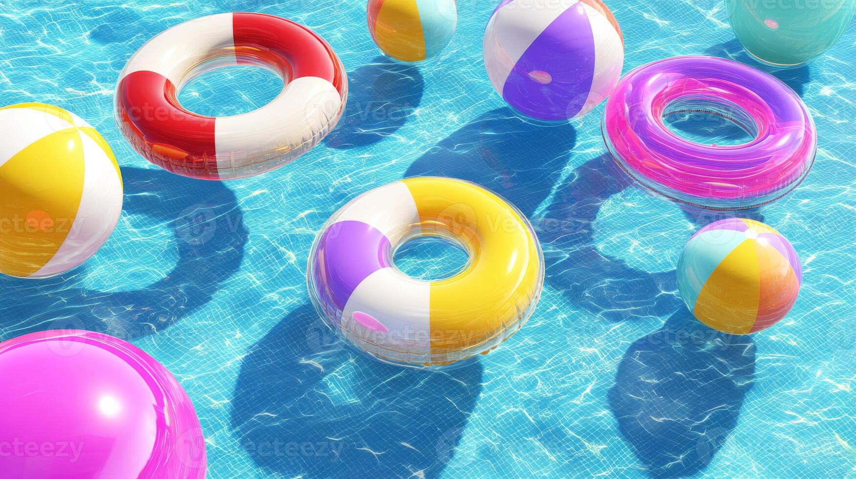 Colorful pool floats and beach balls in a sunny swimming pool, 3d animation photo