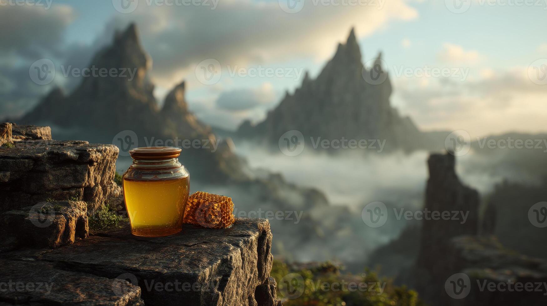 Jar of honey and honeycomb on rocky ledge with misty mountains in background photo