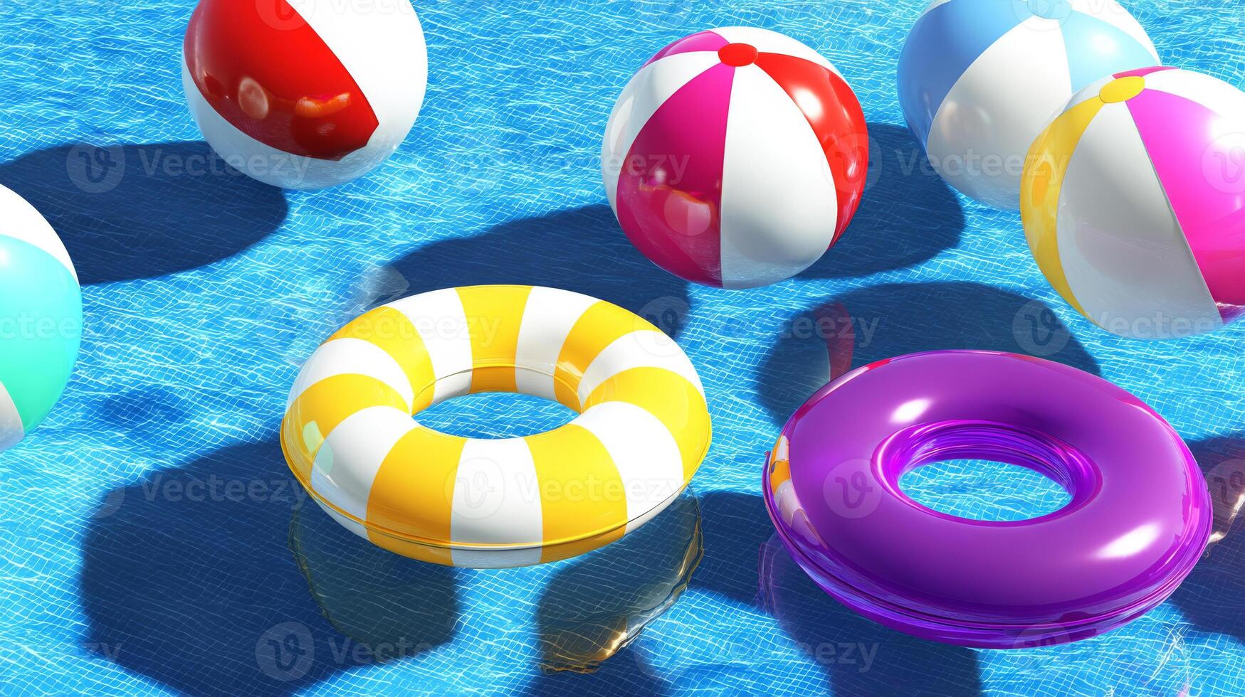 Colorful beach balls and rings floating on a bright blue swimming pool surface photo
