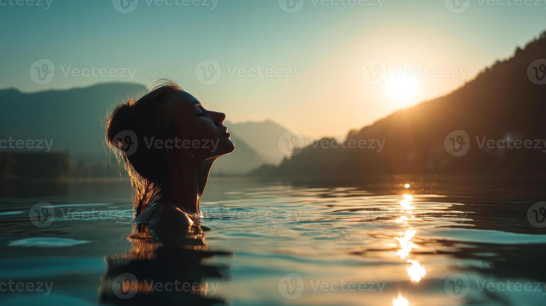Silhouette of woman in lake during sunrise with mountains, peaceful and serene photo
