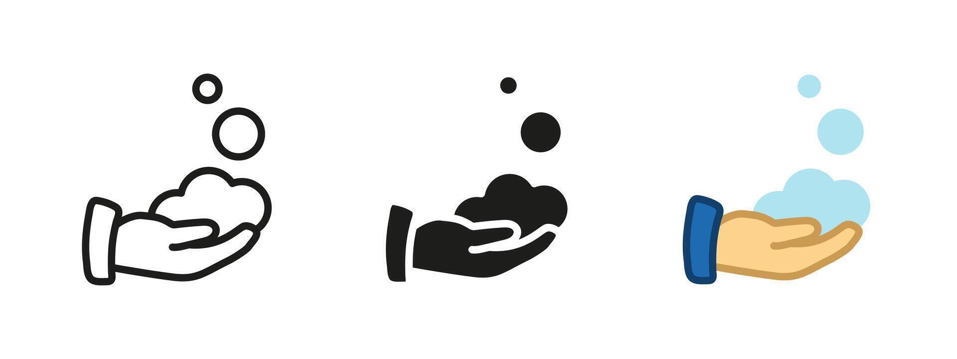Handwashing icon. Palm with soap foam and bubbles illustration. Symbol of hygiene and cleanliness. Sanitary and health protection concept. Disinfection, skincare and antibacterial pictogram. vector