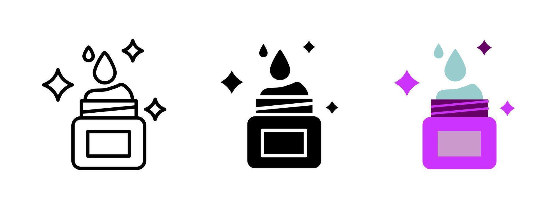 Face cream icon. Jar with moisturizing cream, sparkle accents and liquid drop illustration. Cosmetic skincare and beauty product symbol. Clean and nourishing treatment sign. Hygiene pictogram. vector