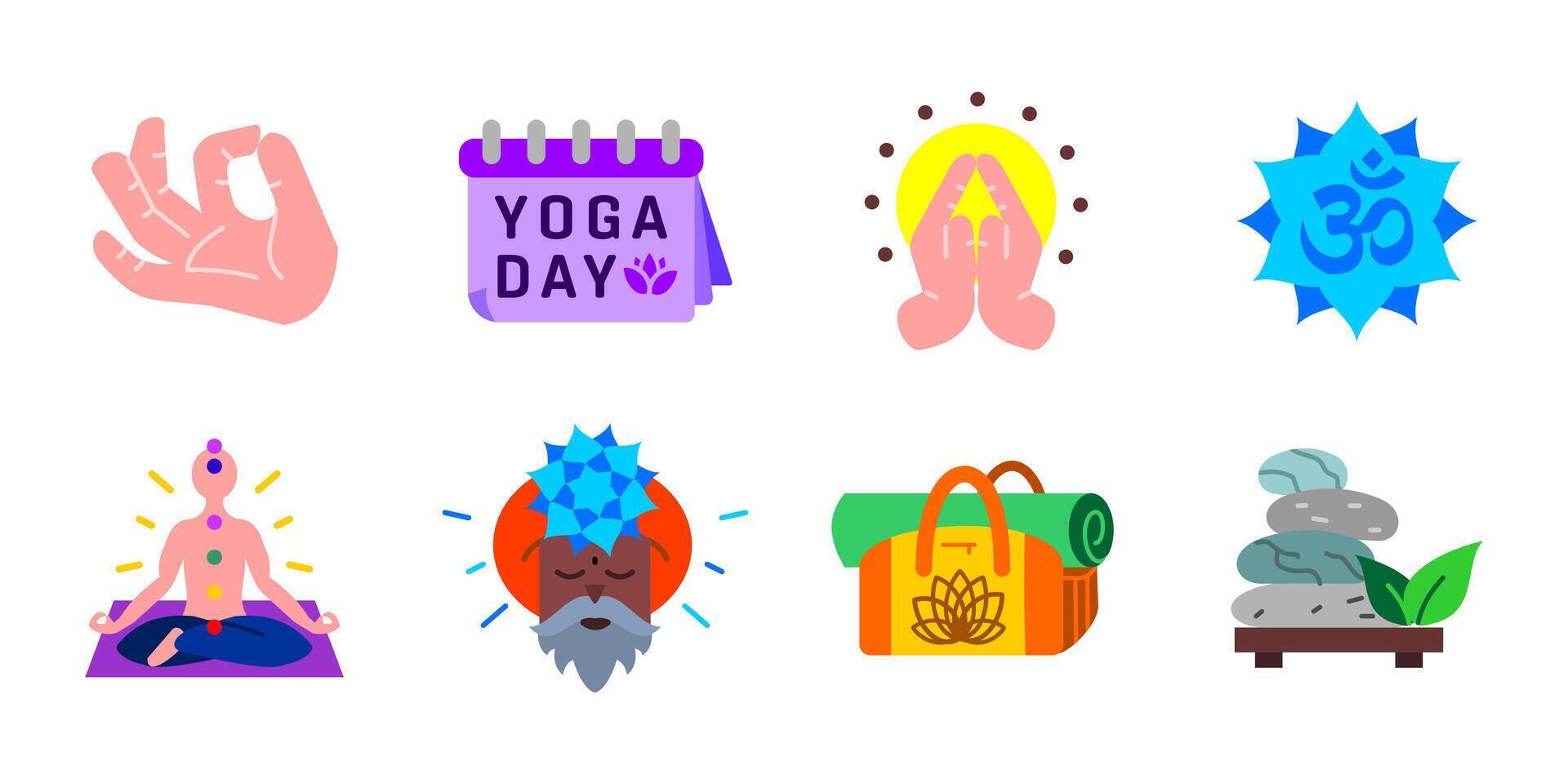 Yoga and meditation icon set. Collection of spiritual colorful elements like asanas, chakras, om symbol, guru and yoga accessories. Mindfulness and balance symbol. Harmony sign. Inner peace pictogram. vector