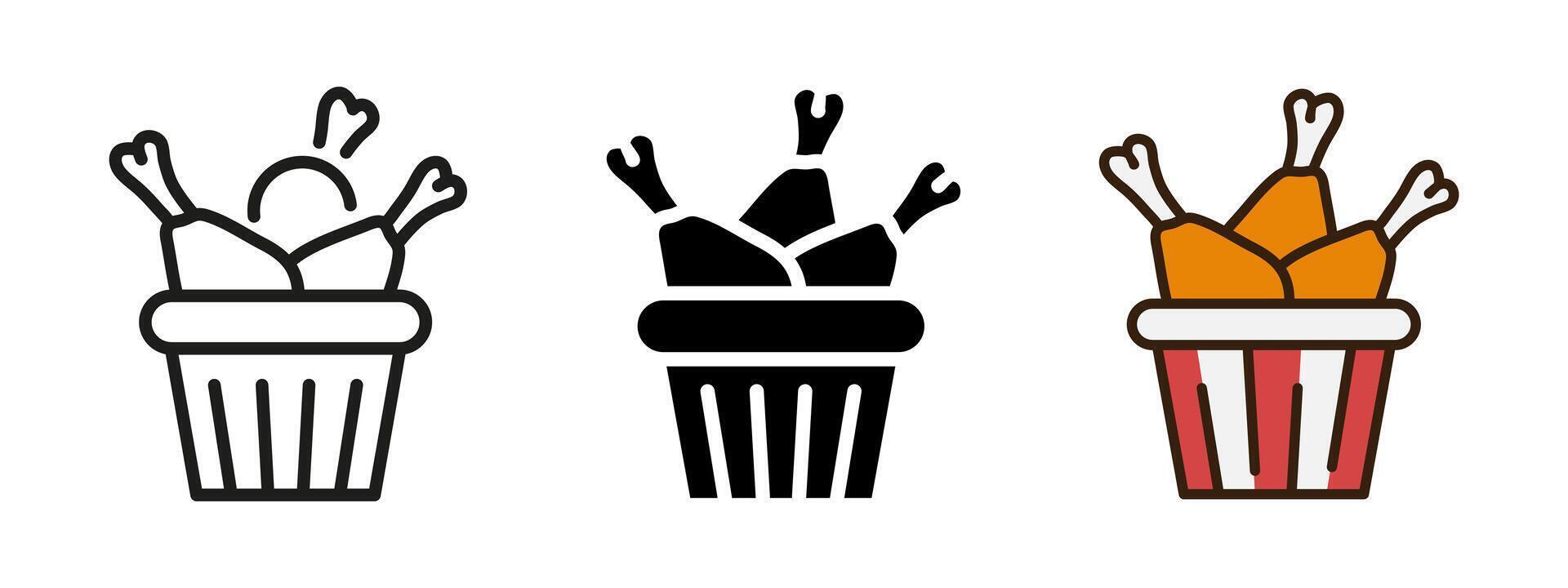 Fried chicken bucket icon. Crispy drumsticks and wings illustration. Fast food meal symbol. Takeaway dinner and restaurant combo pictogram for menu design. vector