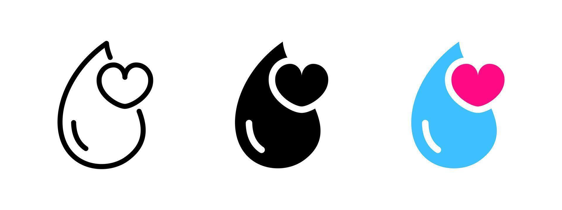 Water drop love icon. Blue droplet with heart symbol illustration. Represents care, donation and compassion. Ideal for charity, blood drives and emotional health concepts. vector
