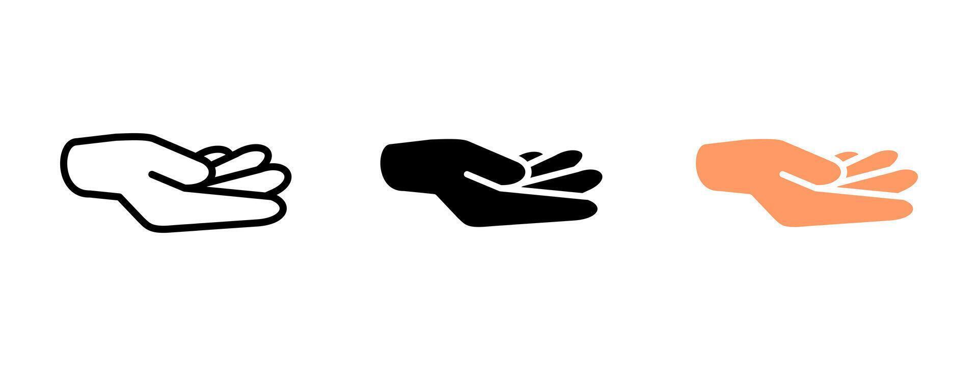 Hand palm icon. Open human hand gesture with fingers slightly curved illustration. Symbol of offering or receiving support. Represents care, aid and charity sign. Kindness and help pictogram. vector