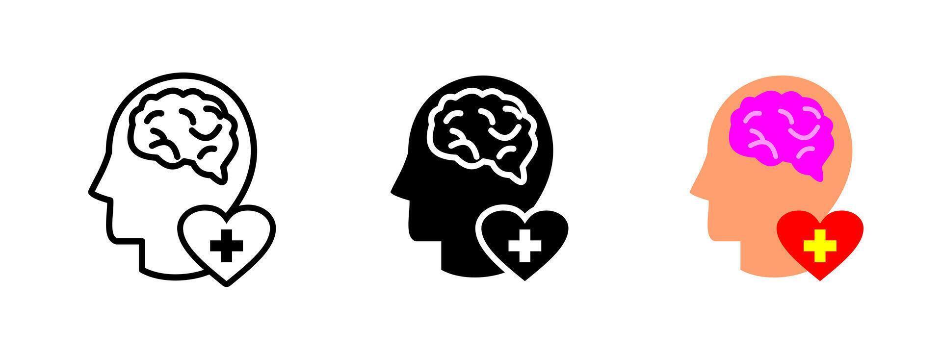 Mental health icon. Human head with brain, heart and medical cross illustration. Represents psychological well-being and emotional care symbol. Therapy and support sign. Psychiatry pictogram. vector