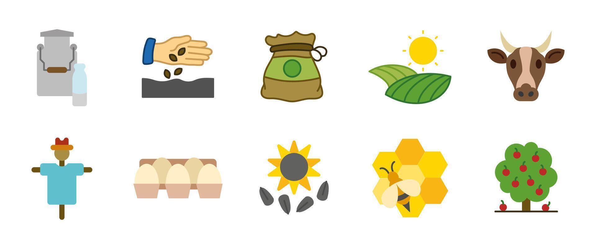 Farming cartoon icon set. Agriculture and organic food colored illustration. Cow, seeds, harvest, honey and orchard symbols. Rural lifestyle and natural production pictograms. vector