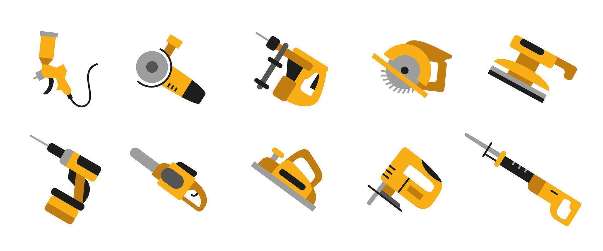 Power tools colored icon set. Construction and repair realistic illustration. Electric and pneumatic equipment symbols for carpentry, building, industrial work and handyman toolkits. vector