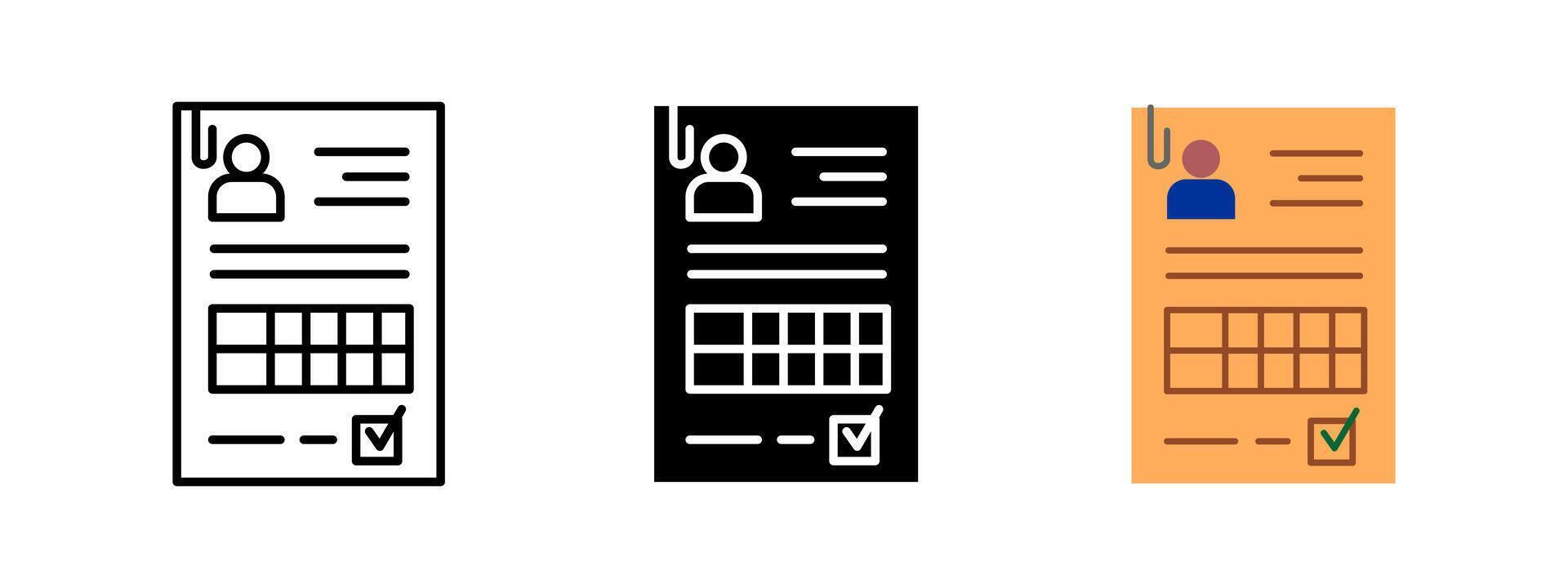 CV form icon. Personal profile document with checkboxes and user photo illustration. Job application or professional resume. Symbol of employment and career. Job candidate profile pictogram. vector