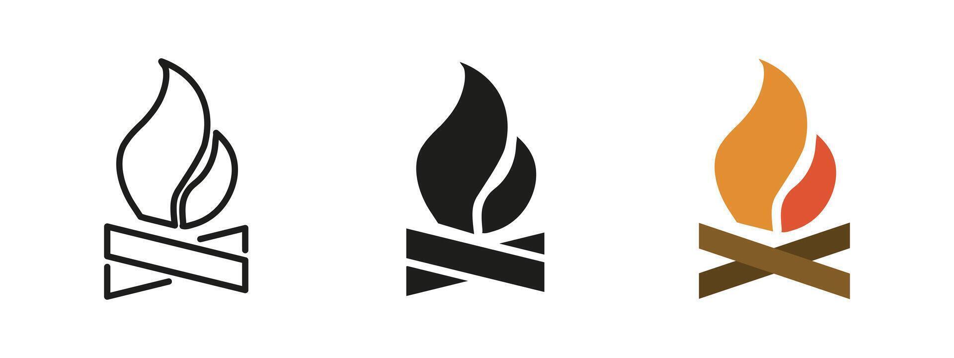 Campfire icon. Burning flame over crossed logs illustration. Outdoor fire symbol for camping, survival and wilderness design. Warmth and light pictogram for adventures and forest activities. vector