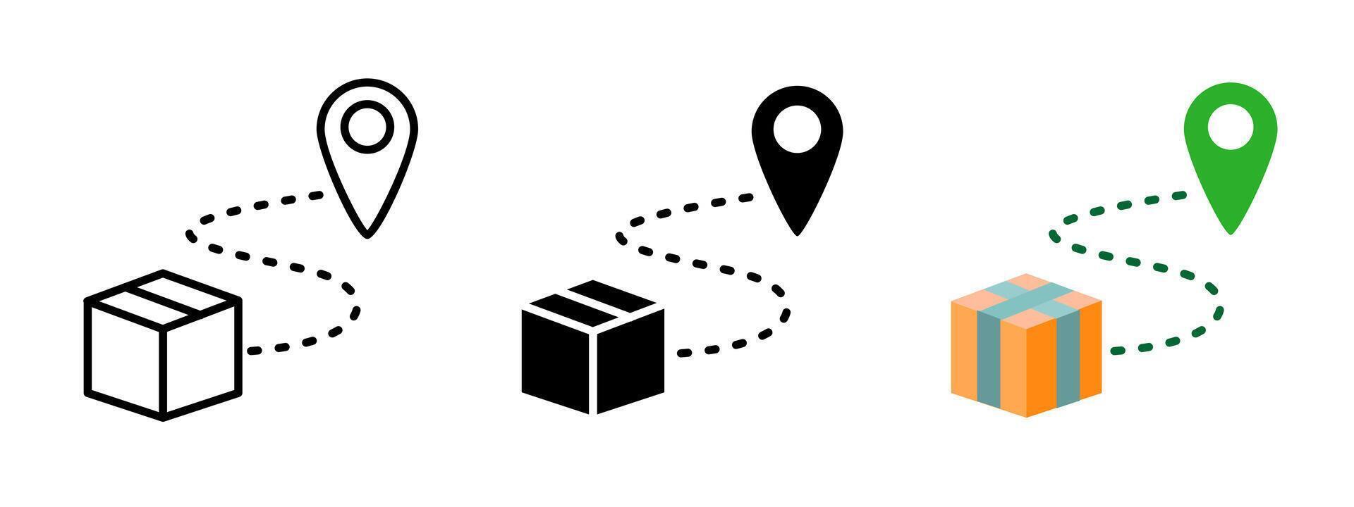 Delivery tracking icon. Cardboard package with dotted route leading to location pin illustration. Parcel shipment, courier logistics and order tracking symbol. Distribution service pictogram. vector