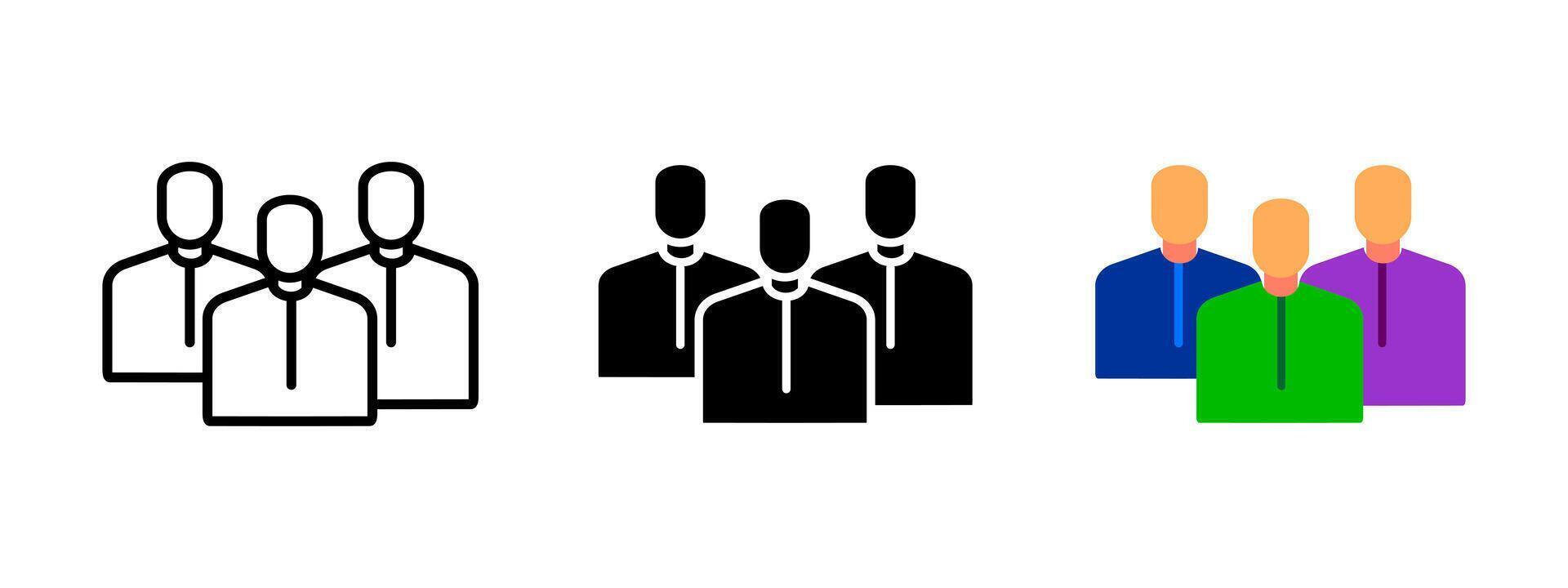 Team icon. Three simplified human figures in business attire illustration. Collaboration and group work symbol. Company staff and community members sign. People group pictogram. vector