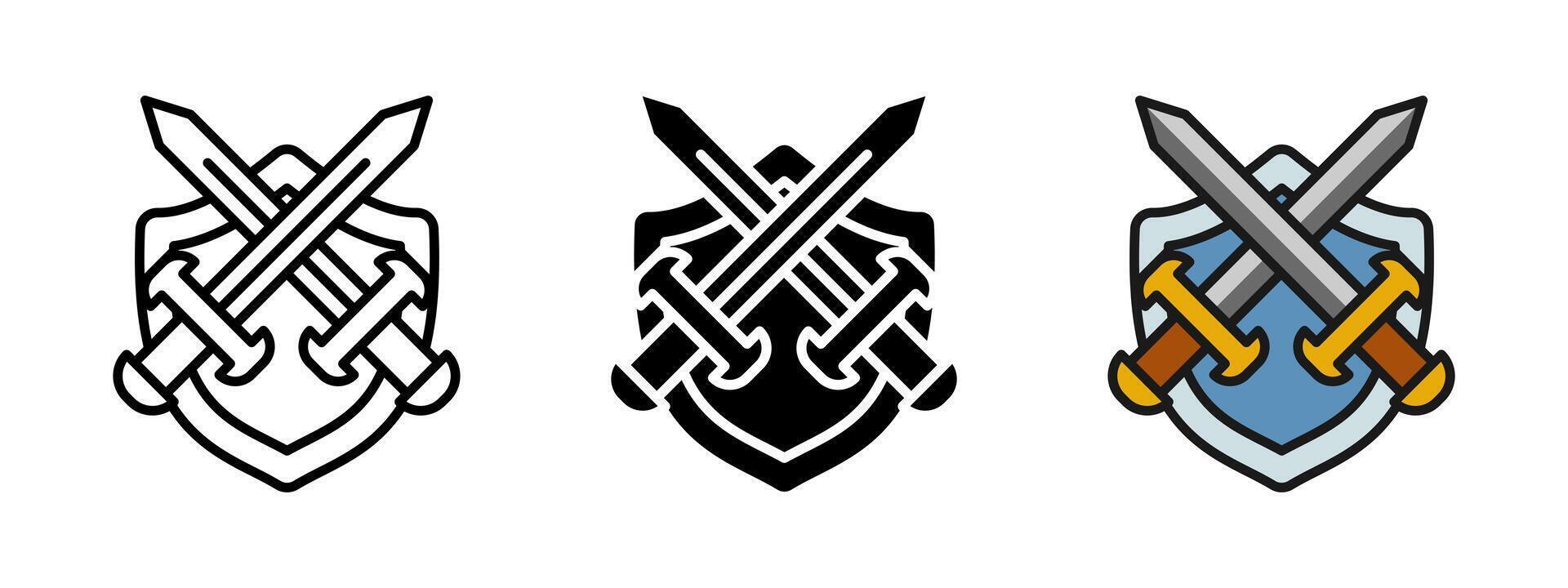 Sword and shield icon. Crossed swords over classic heraldic shield illustration. Medieval battle and protection emblem. Fantasy combat symbol for RPG games, military badges or security branding vector
