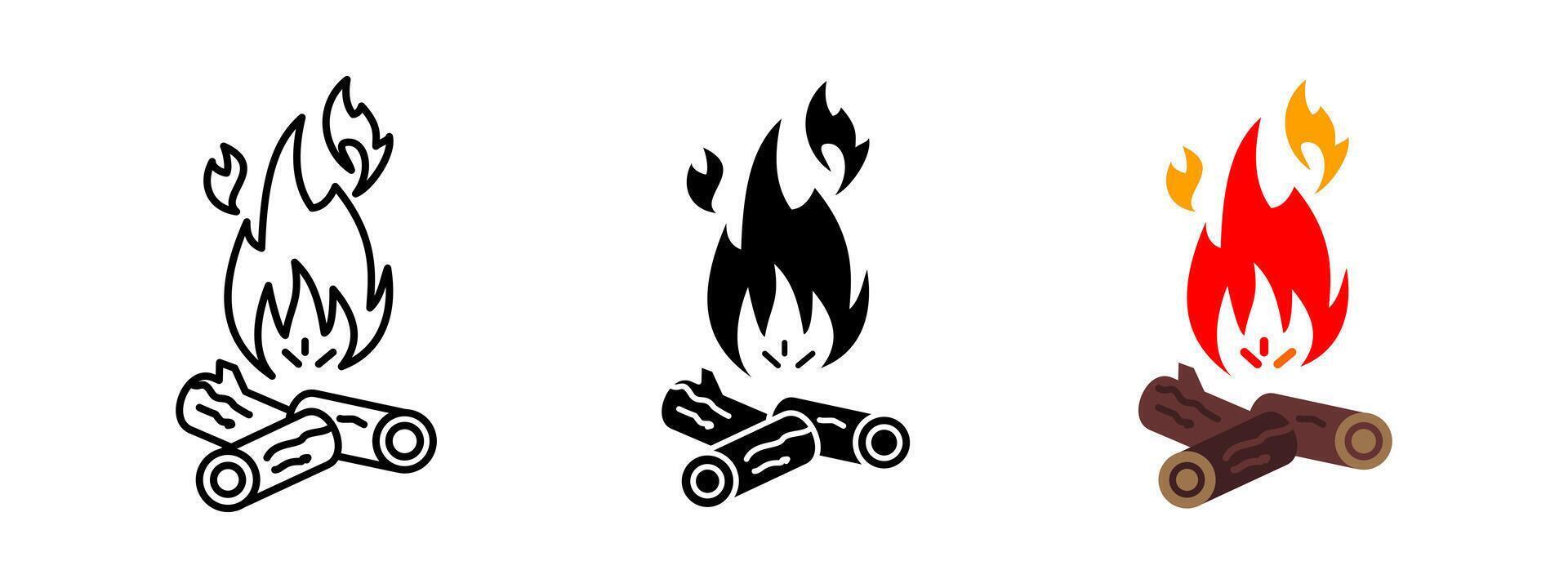 Campfire icon. Burning flame with wooden logs illustration. Outdoor heat source and wilderness fire symbol. Camping, survival and night warmth sign. Bonfire and flame pictogram. vector