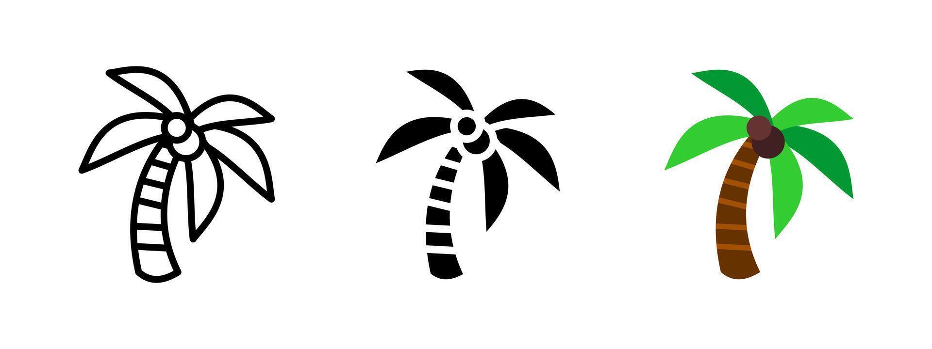 Palm icon. Tropical tree with curved trunk and wide leaves illustration. Exotic beach plant and coconut symbol. Vacation, paradise and summer nature sign. Travel and island pictogram. vector