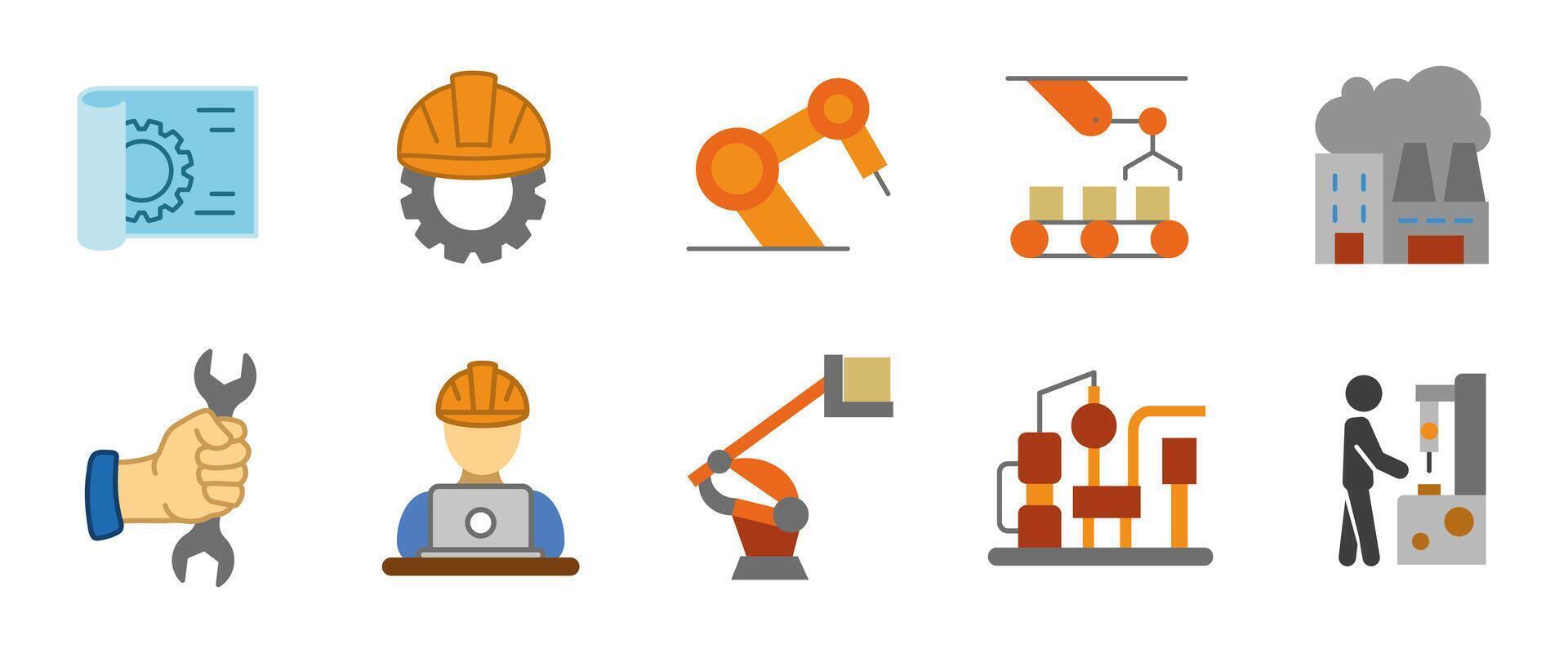 Industry cartoon icon set. Factory automation and engineering colorful illustration. Robots, gears, workers and machines symbols. Industrial production and manufacturing technology concept. vector