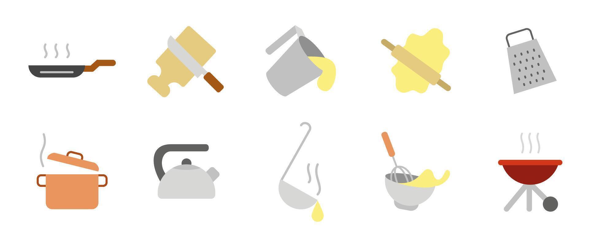 Cooking cartoon icon set. Kitchen utensil and food preparation colored illustration. Frying pan, pot, whisk, grater, ladle and barbecue symbols. Culinary tools for meal and dish creation. vector