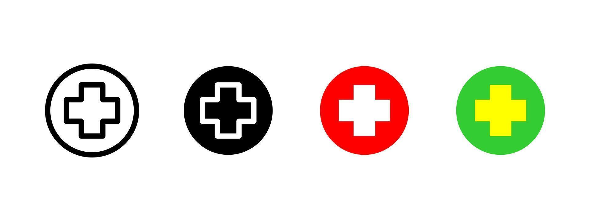 Medical cross icon. Bold symmetrical cross in circular shape illustration. Universal health and emergency care symbol. Hospitals, aid stations and clinics sign. Healthcare pictogram. vector