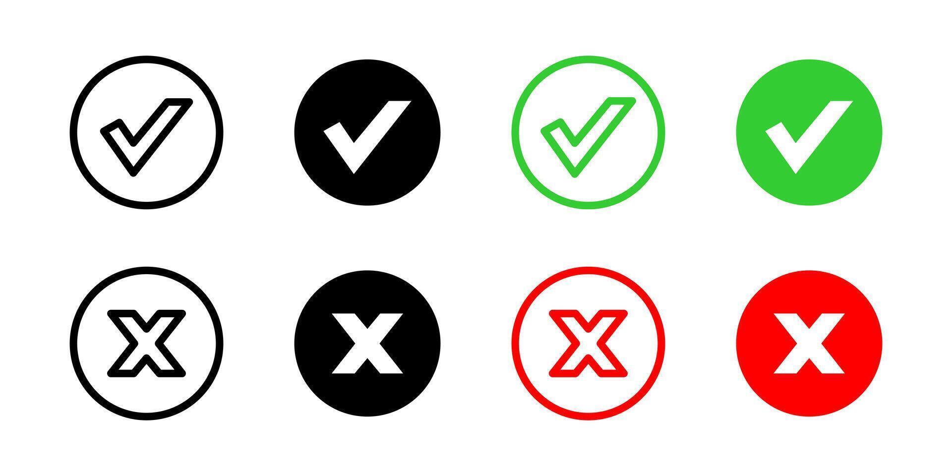 Check and cross icon. Green checkmarks and red crosses illustration. Symbols of approval and rejection for UI elements symbol. Validation and error indication sign. Interface status pictogram. vector