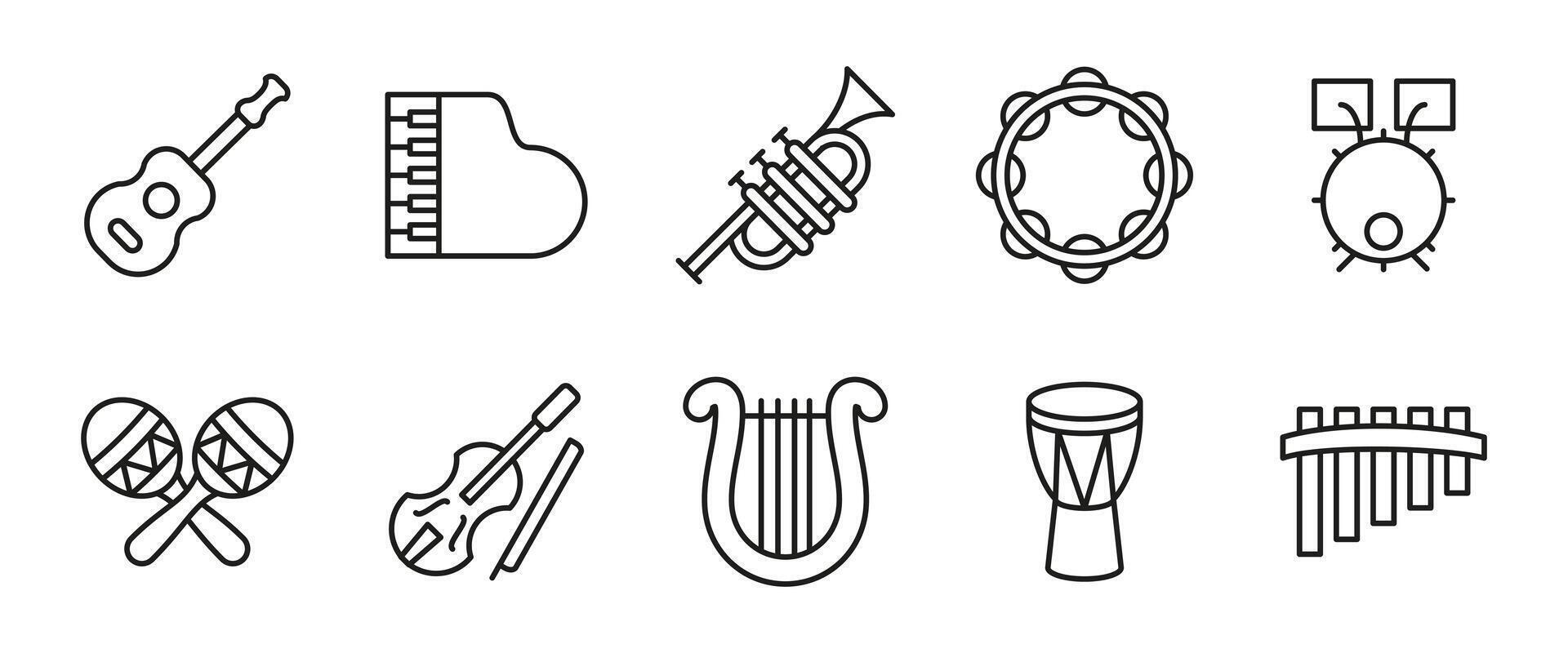 Musical instrument icon set. Line illustrations of guitar, piano, violin, trumpet, drums and more. Music, sound, and performance symbols for bands, concerts, apps and educational resources vector