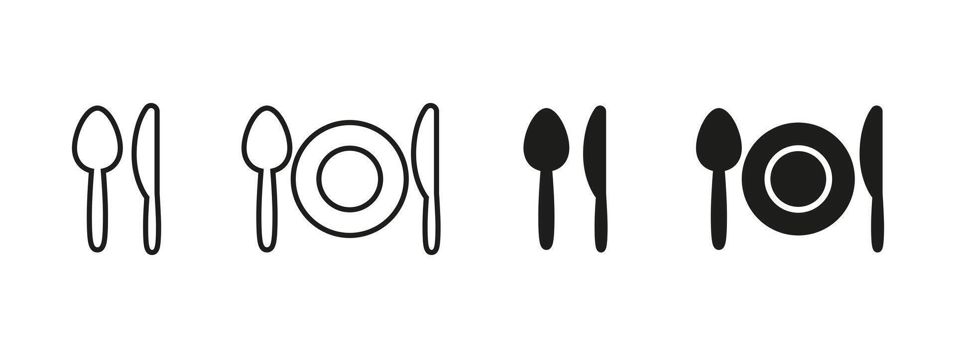 Restaurant icon. Spoon, knife and plate illustration. Dining utensils symbol representing food service and meals. Commonly used in menus, cafe signage and culinary apps. vector
