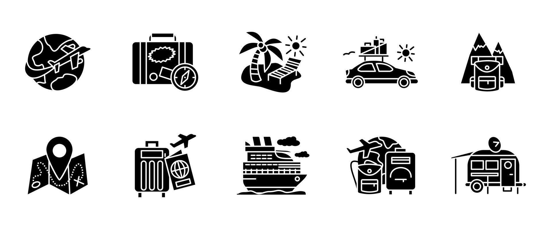 Travel and vacation icon set. Journey glyph elements with airplane, cruise, camping and map illustration. Tourism and holiday symbol. Trip planning and adventure sign. Exploration pictogram. vector