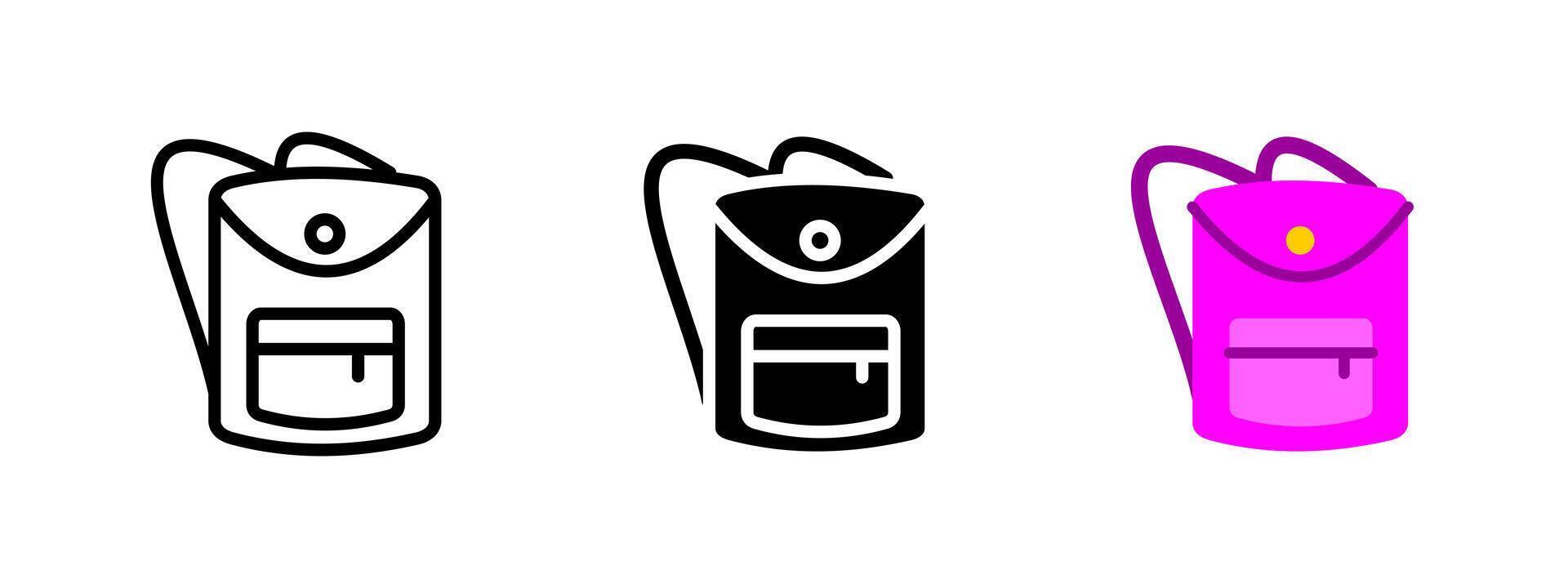 Backpack icon. Classic school bag with front pocket and shoulder straps illustration. Travel accessory and student gear symbol. Education, storage and daily use sign. Carrying utility pictogram vector