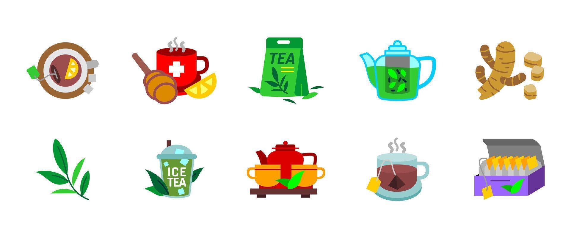 Tea icon set. Collection of colorful tea elements like teacup, teapot, teabag, herbs, lemon, ginger and honey illustration. Herbal infusion and hot drink symbol. Healthy beverage and wellness sign. vector