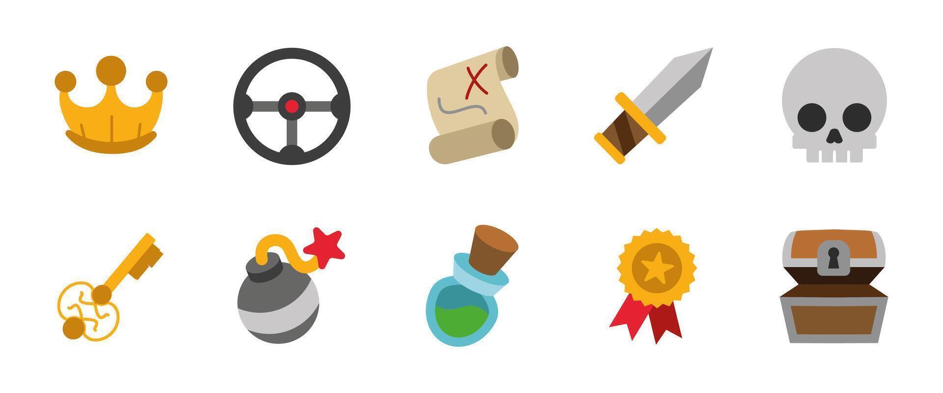 Treasure hunt cartoon icon set. Colorful illustrations of pirate map, crown, sword and chest. Adventure and fantasy themed symbols for games, quests, RPG interfaces and reward-based missions. vector