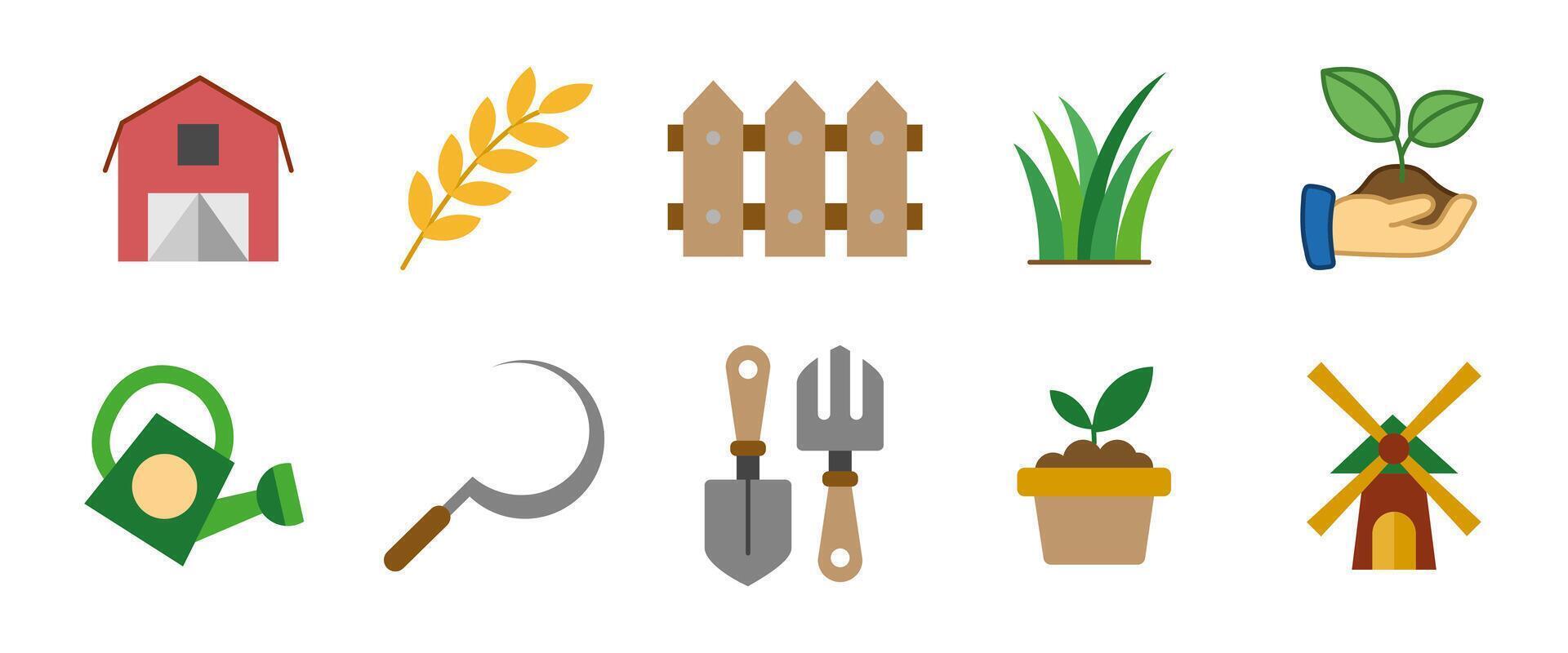 Agriculture cartoon icon set. Colored illustrations of farm tools, plants and growth. Farming and gardening symbols for agricultural apps, eco projects and rural development materials. vector