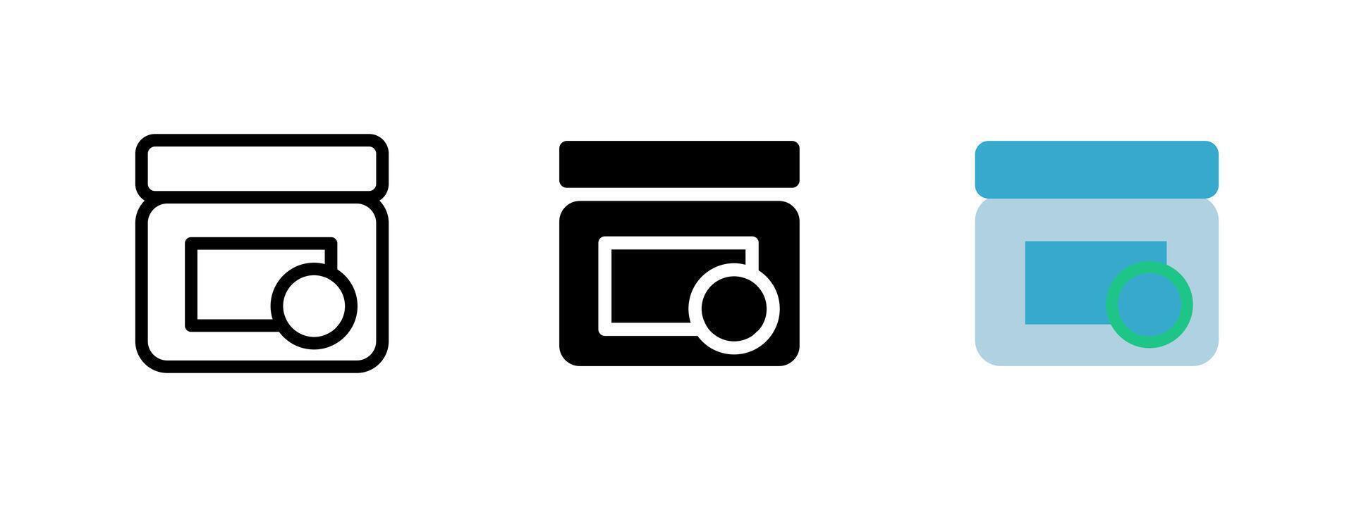 Cosmetic jar icon. Closed container with label illustration. Skincare product and beauty packaging symbol. Storage and personal care item sign. Hygiene pictogram. vector