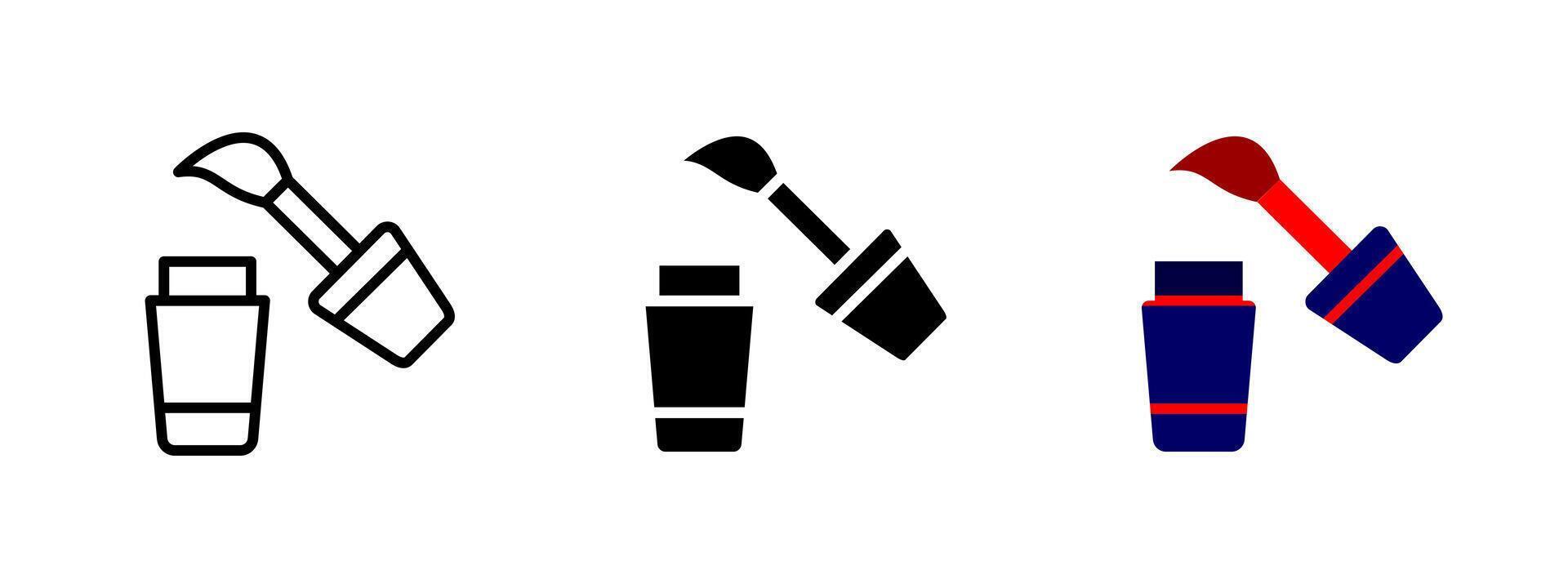 Nail polish icon. Bottle with open cap and applicator brush in diagonal position illustration. Symbol of manicure product and beauty cosmetics sign. Gloss and style care pictogram. vector