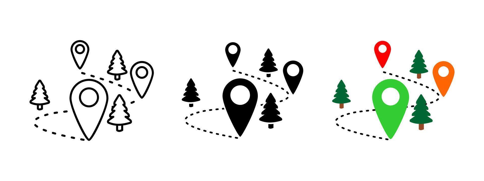 Map location icon. GPS route with colorful location pins and pine trees illustration. Navigation through forest trails symbol. Outdoor travel and hiking path sign. Wilderness tracking pictogram vector