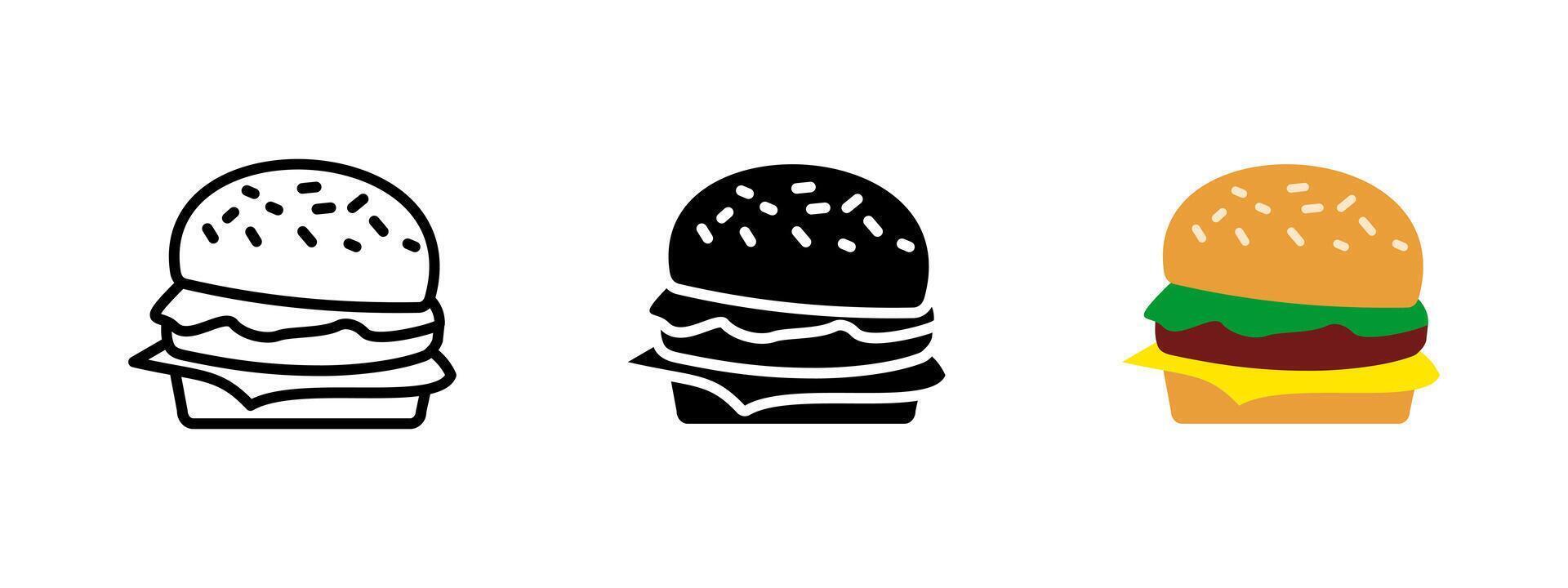 Burger icon. Cheeseburger with sesame bun, lettuce, meat and cheese slice illustration. Classic fast food meal symbol. Tasty snack for lunch or takeaway sign. Sandwich pictogram. vector